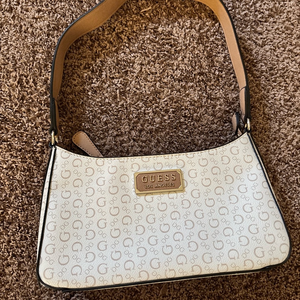 GUESS Logo Patterned Cream Shoulder Bag